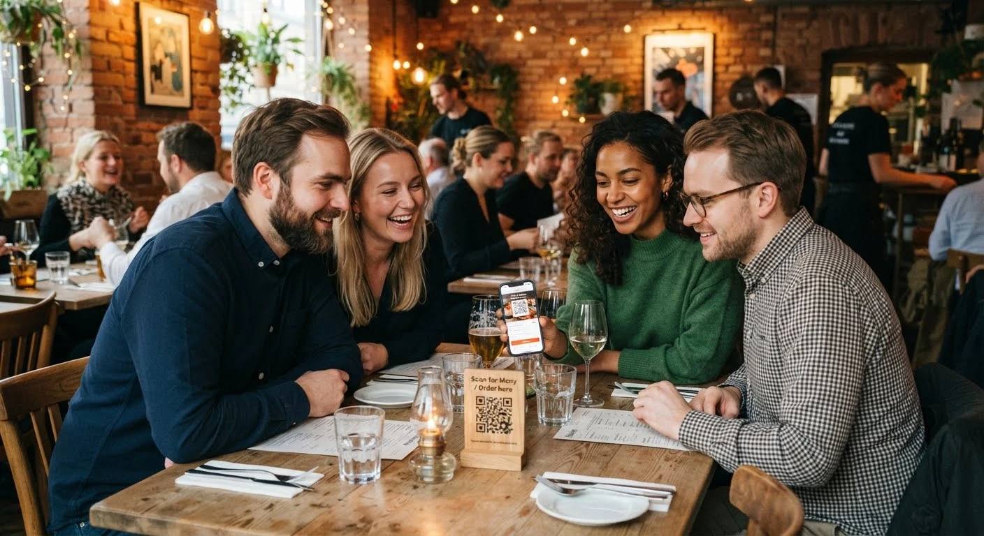 Fire venner ler sammen rundt et restaurantbord mens en av dem bestiller fra mobilen etter å ha skannet QR-koden på bordet